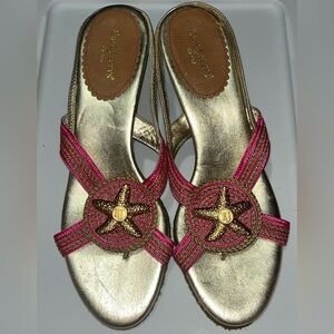 Eric Javits Gold & Pink Leather Slingback Sandals Heels Size 10M